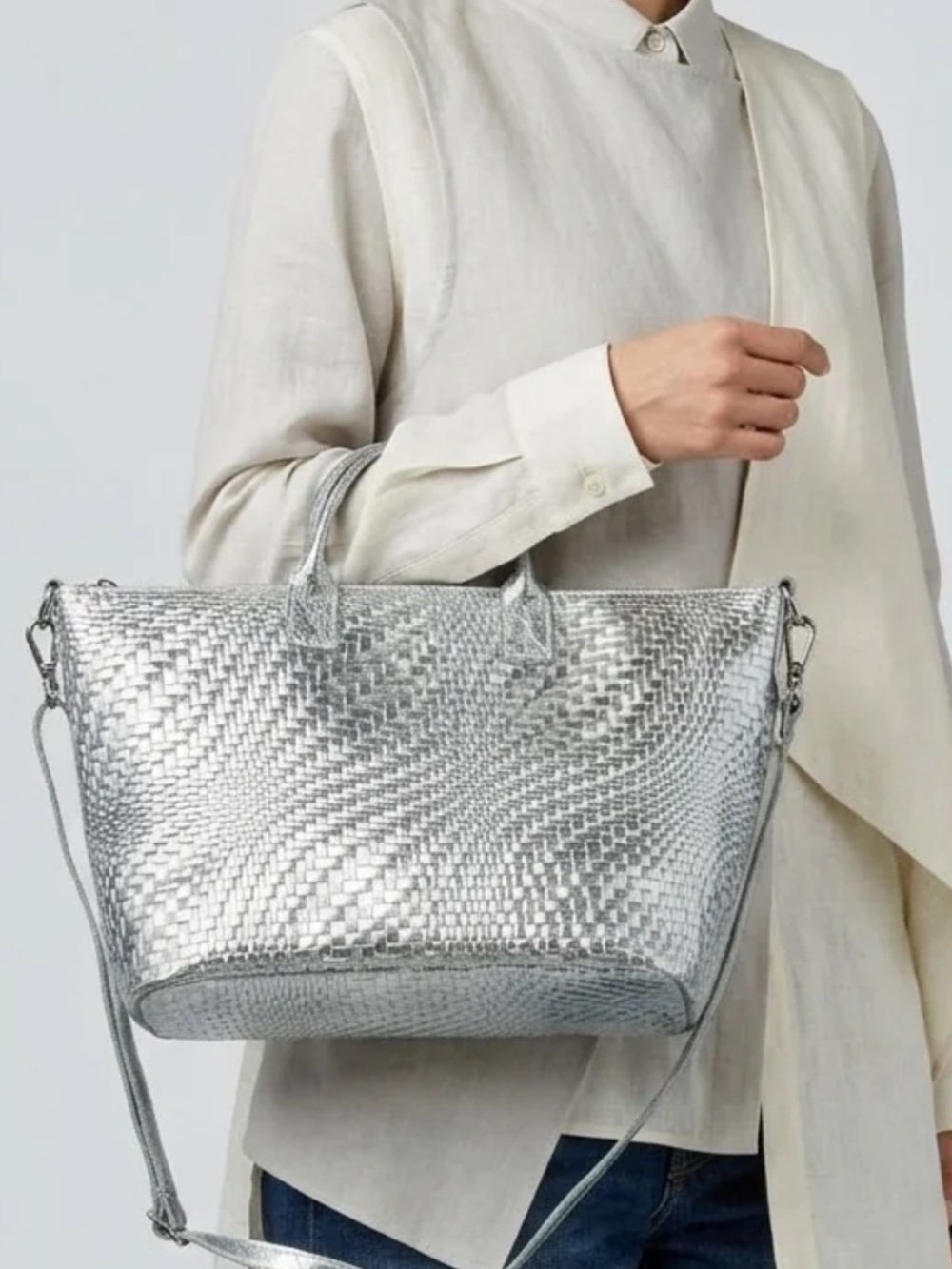 Leather Woven Metallic Silver Tote Bag with Detachable Strap